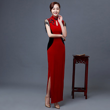 新款红色改良高开衩立领长款旗袍  修身气质拼色短袖流苏旗袍礼服