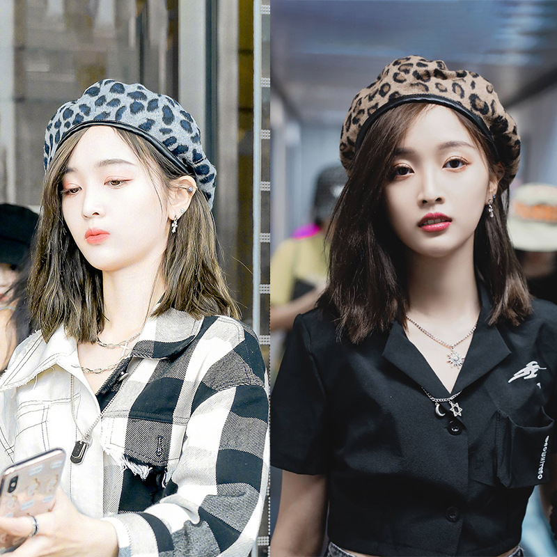 吴宣仪同款帽子女网红款豹纹贝雷帽韩国ins百搭秋款时尚潮画家帽