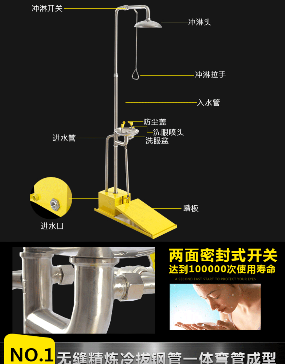 大踏板不锈钢洗眼器 紧急冲淋复合式洗眼装置