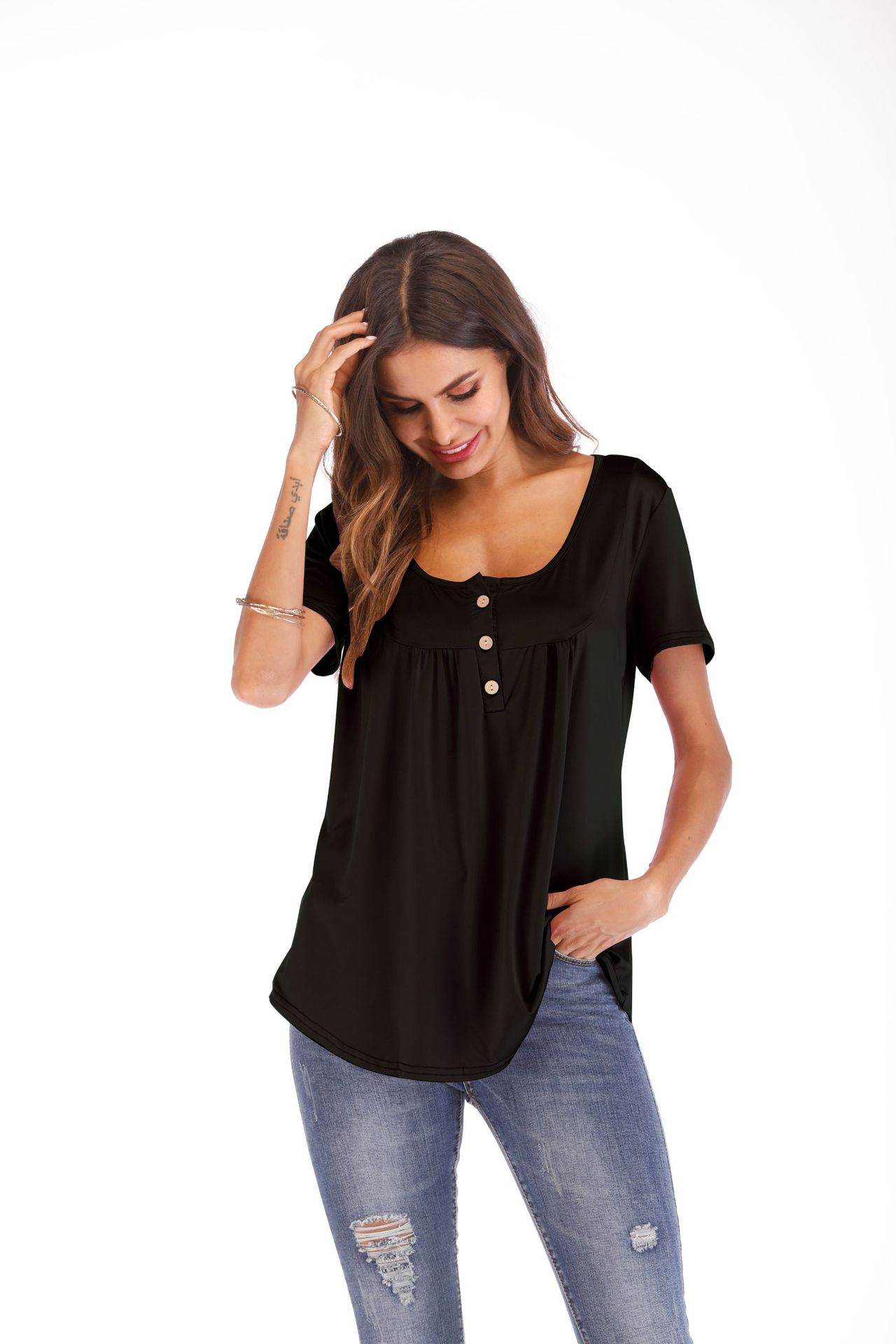 跨境欧美爆款女装速卖通亚马逊热卖抽褶扣子宽松短袖t恤女