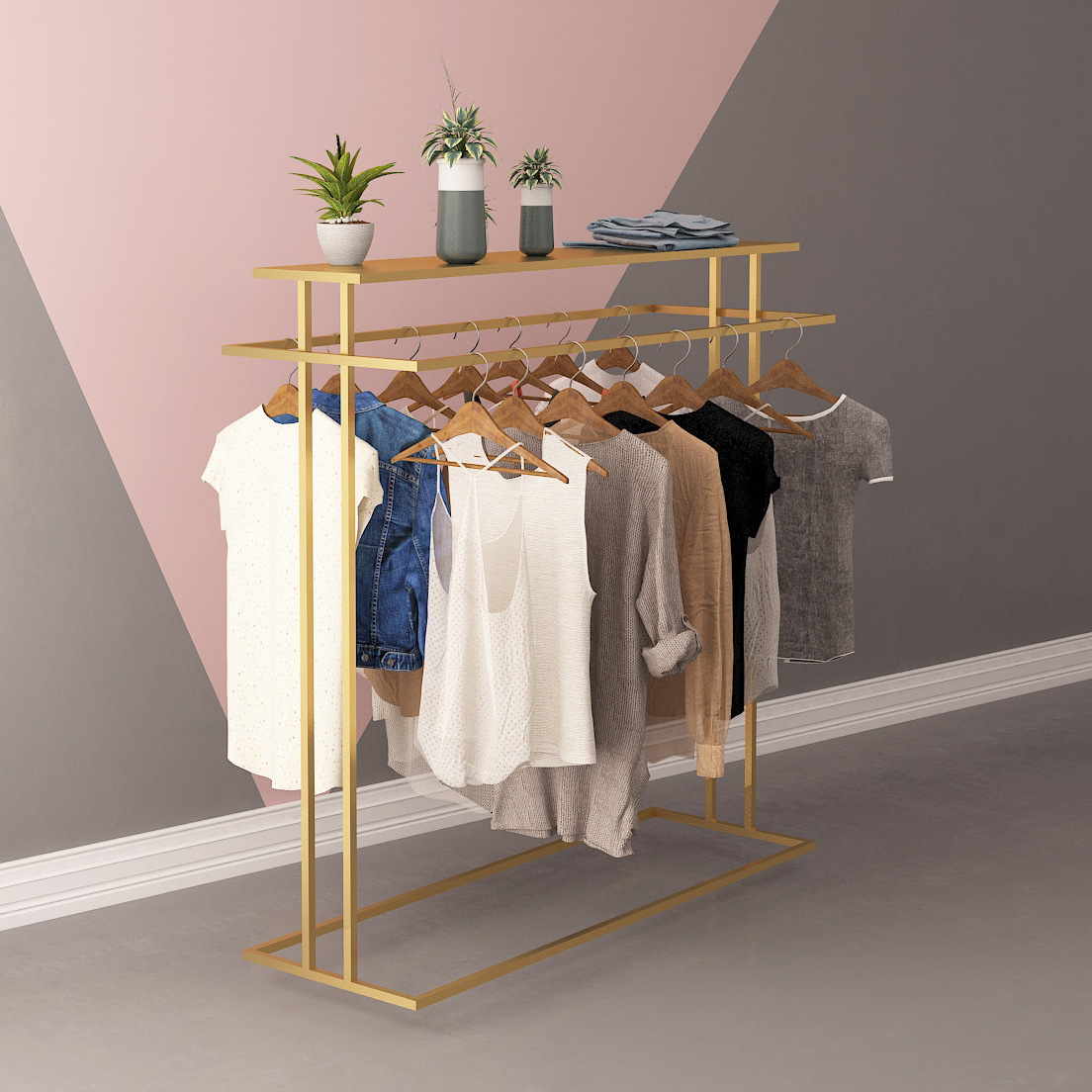 铁艺服装店展示架中岛架落地式高档双排双杆两边侧挂货柜架可定制