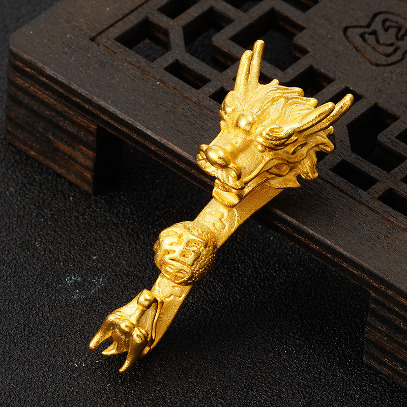 霸气仿3d硬金手工diy双龙手串配件 铜镀24k沙金如意龙头配饰批发