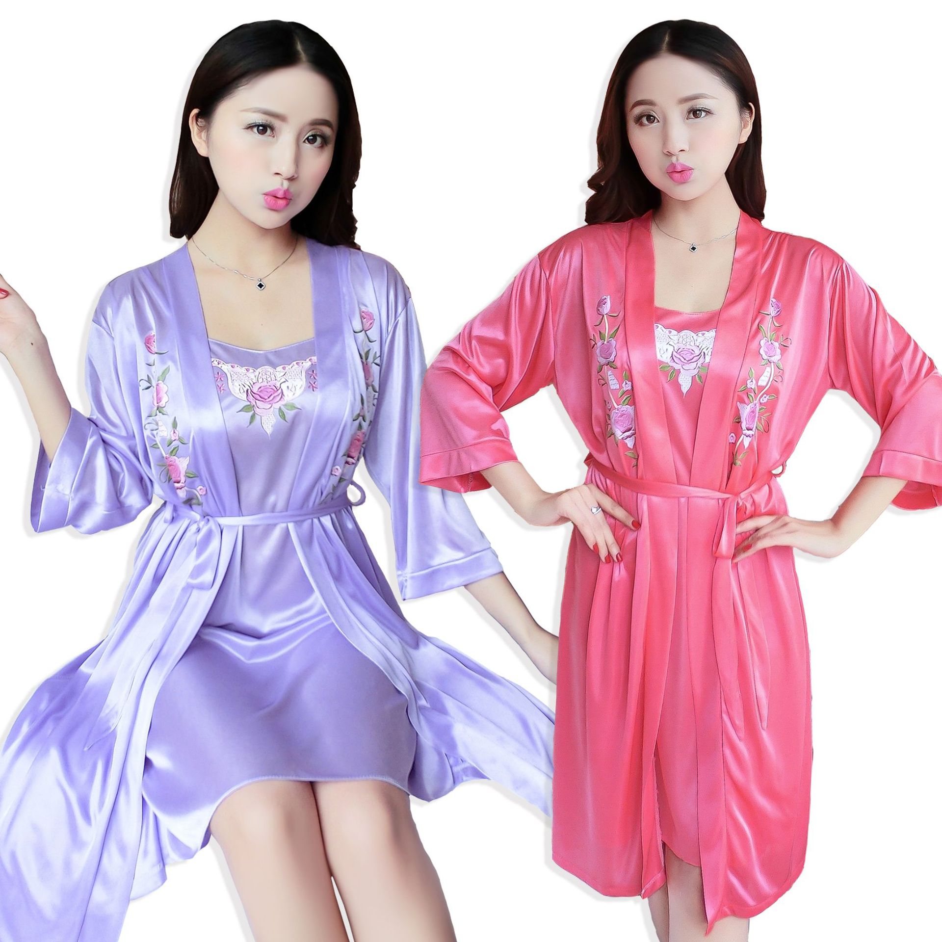 睡衣女仿真丝睡袍两件套春秋韩版性感睡裙气质女吊带浴袍睡袍