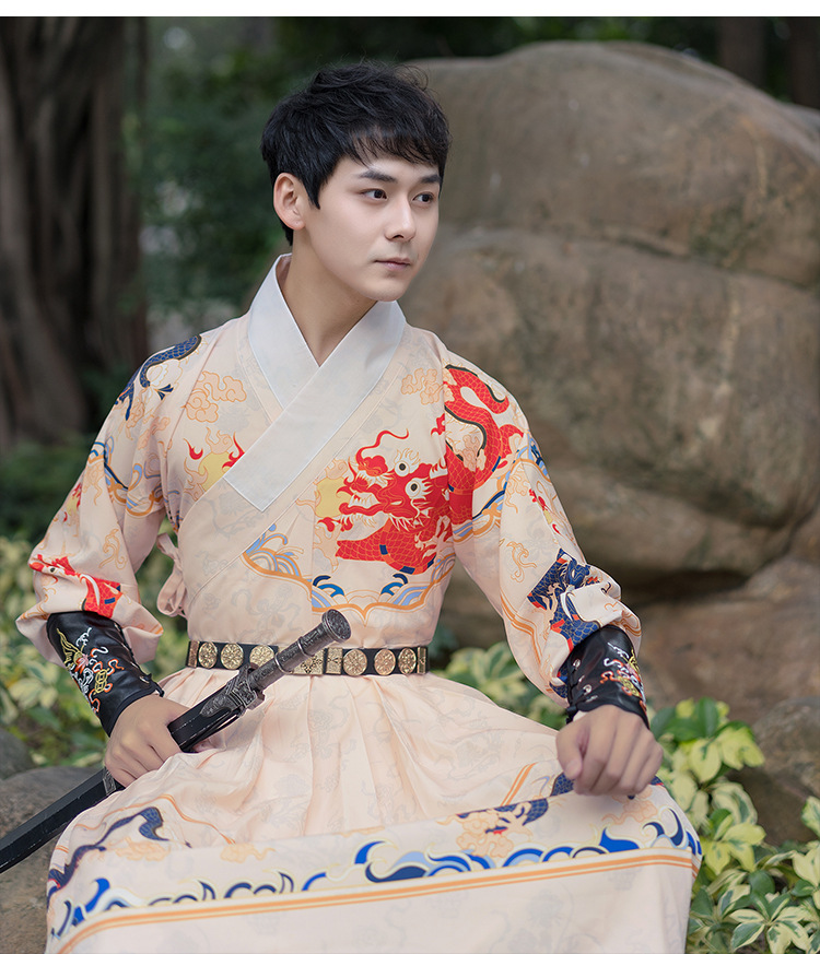 原创男女款直袖汉服印花龙纹米白飞鱼服明制古风帅气锦衣卫剑客服