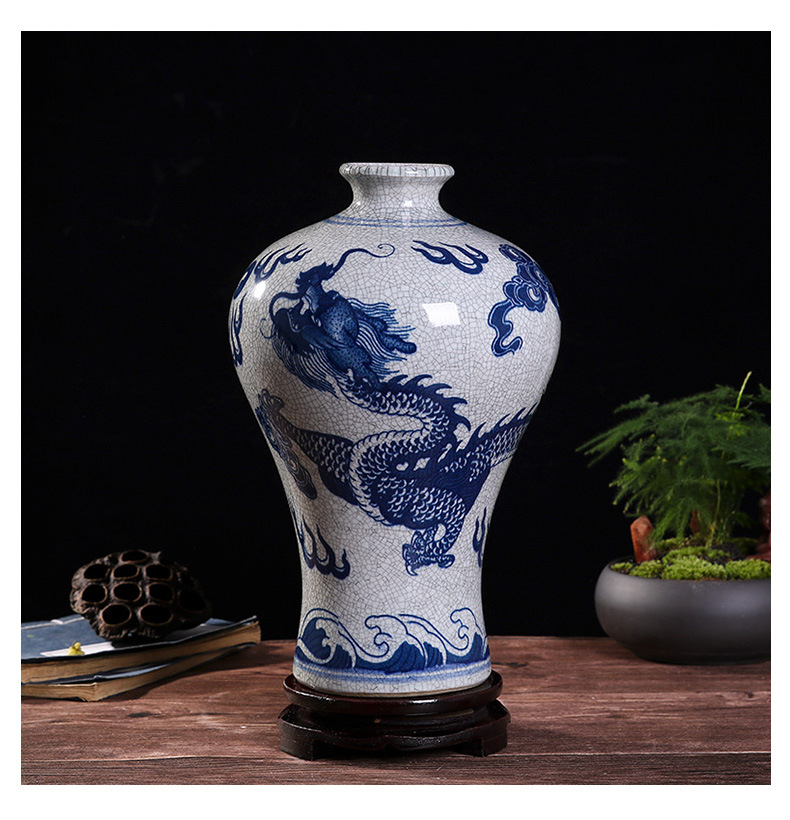 景德镇青花瓷龙纹裂釉陶瓷花瓶瓷器新中式仿古手工制家居装饰摆件