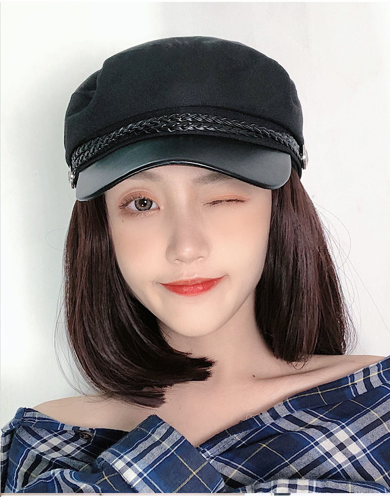 假发女短发网红海军帽子带假发一体秋冬款时尚潮流仿真带帽全头套