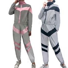 跨境2024亚马逊ebay热卖夏季欧美女装拼接反光运动休闲套装两件套