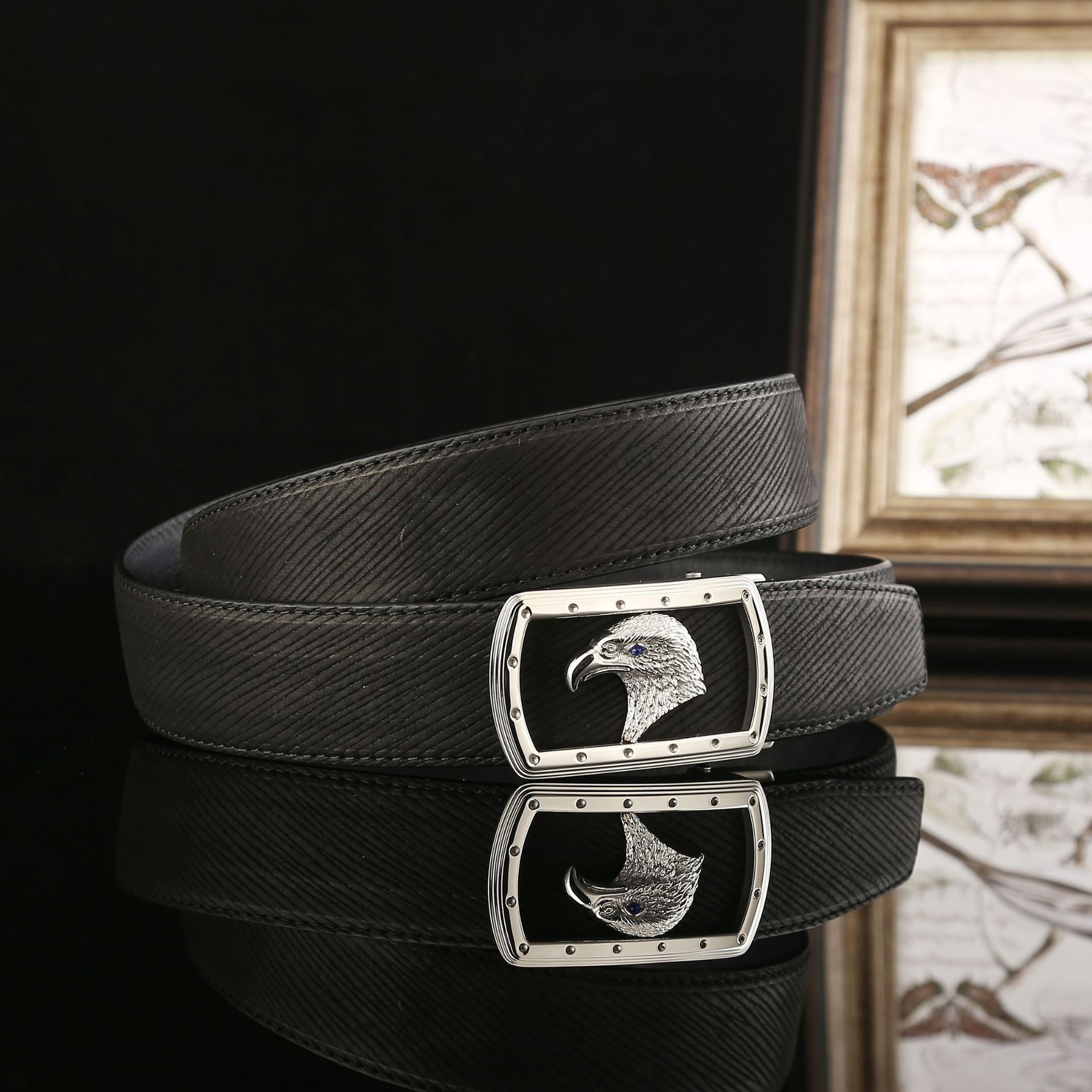 5男士不锈钢自动扣皮带 黑色头层水波纹牛皮腰带 高档真皮皮带