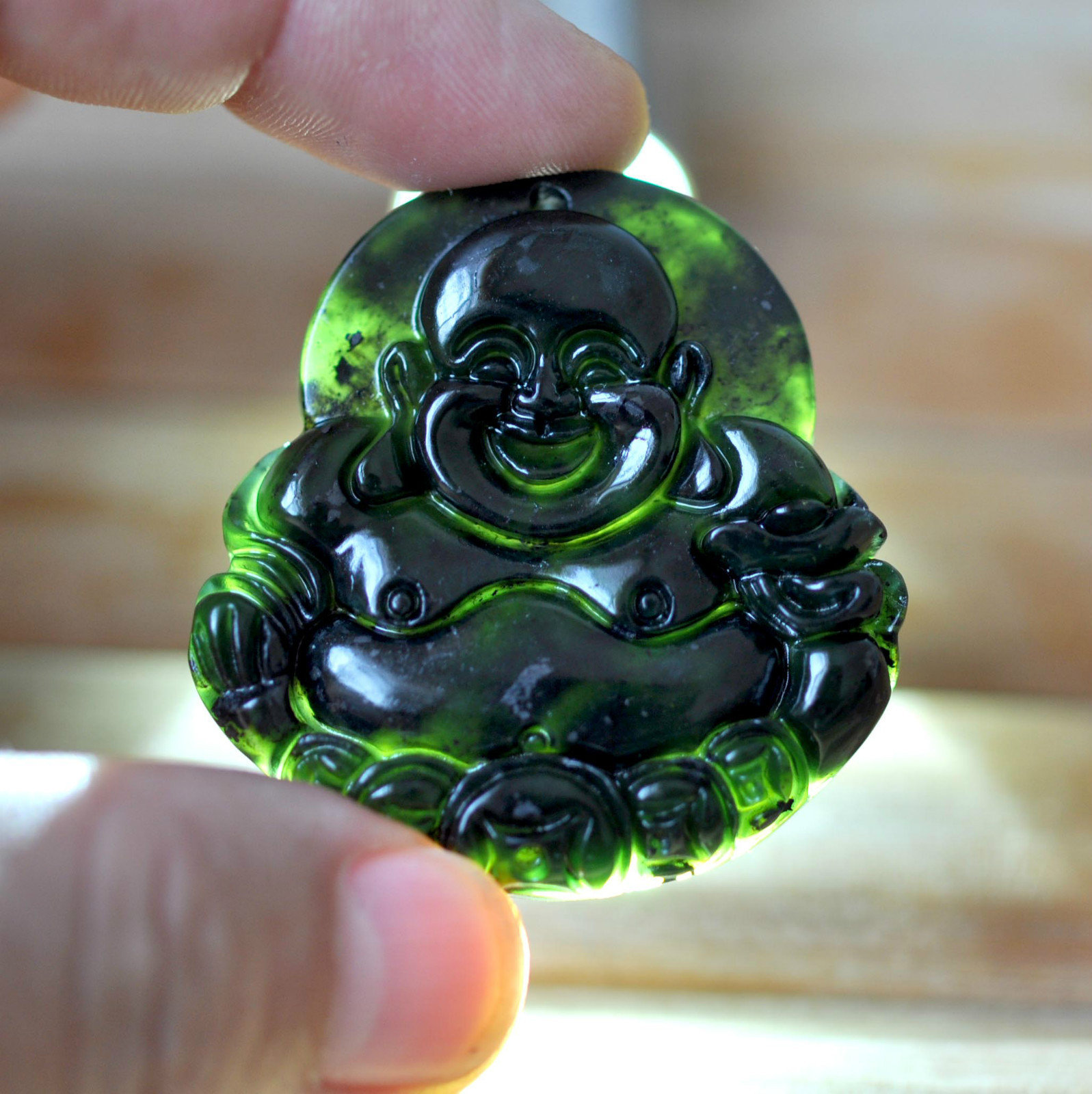 河南南阳玉石批发 墨玉金钱大佛吊坠 新疆墨绿蛇纹石玉挂件