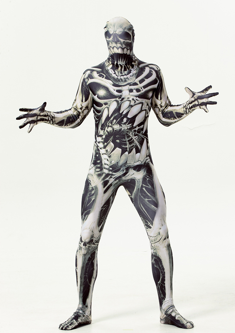 实拍 万圣节成人男恐怖死亡骷髅人全包衣紧身变形服印花游戏服