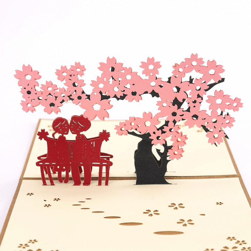 立体贺卡粉色浪漫樱花树情侣 送女朋友手工祝福卡婚礼 情人节贺卡