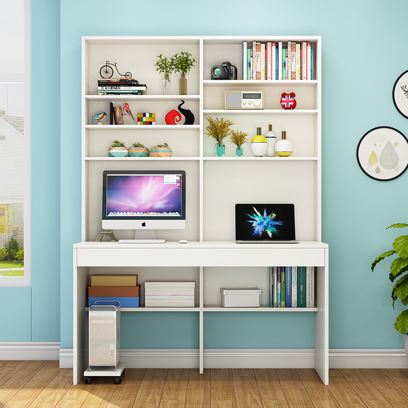 台式电脑书桌免漆板实木带书柜一体学习桌家用卧室环保写字台创意