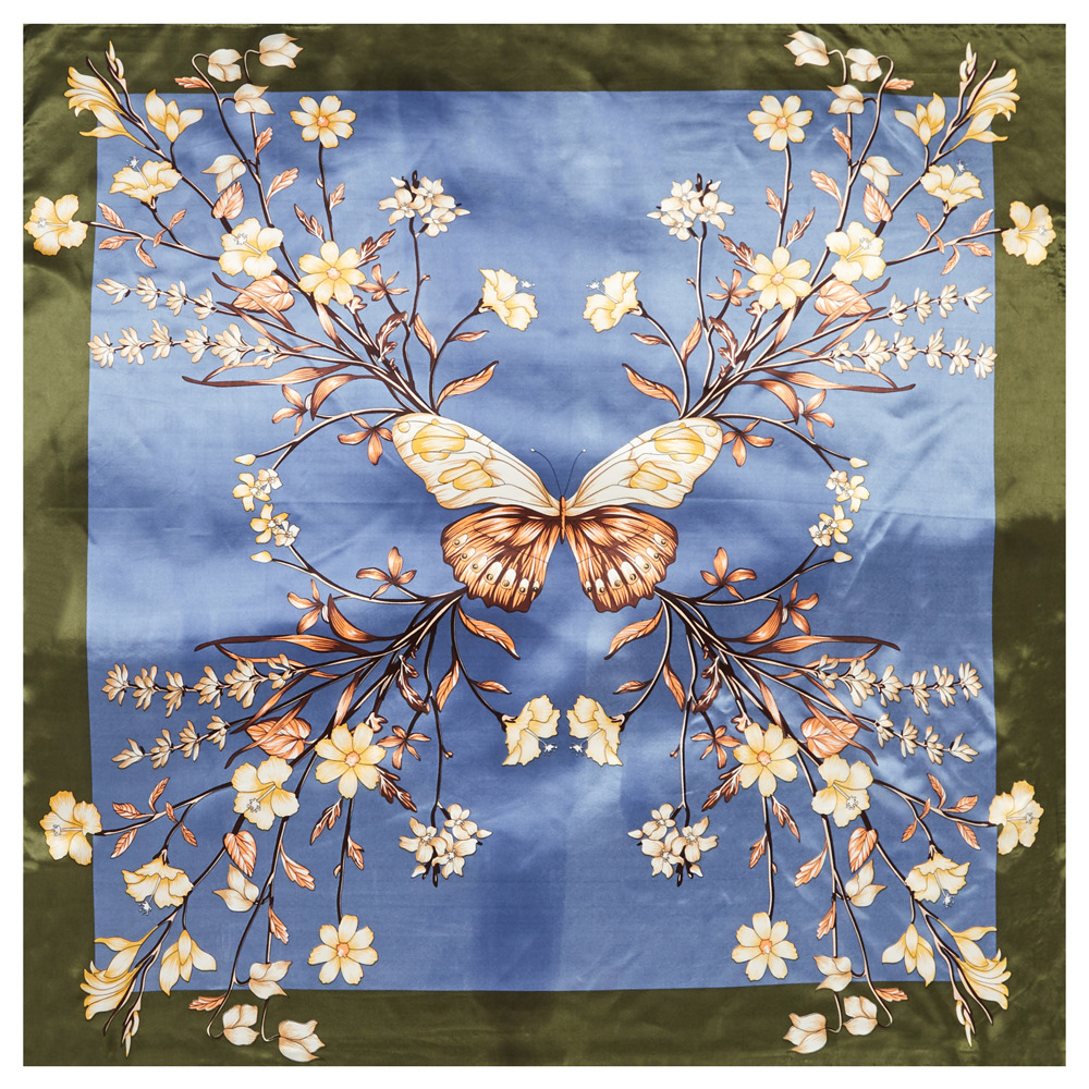 2020新款90cm仿真丝丝巾印花大方巾女士围巾蝴蝶装饰披肩度假方巾