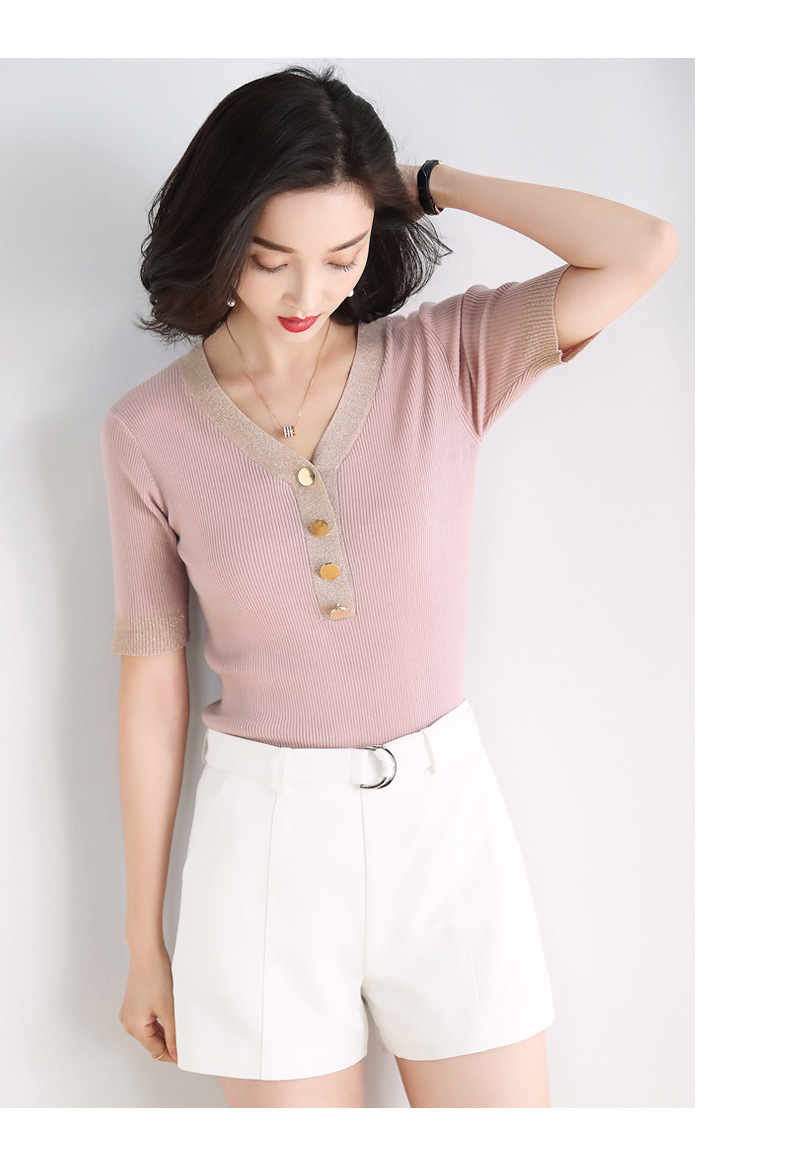 天丝短袖针织衫女薄款2019夏季新款女装t恤衫修身圆领内搭打底衫