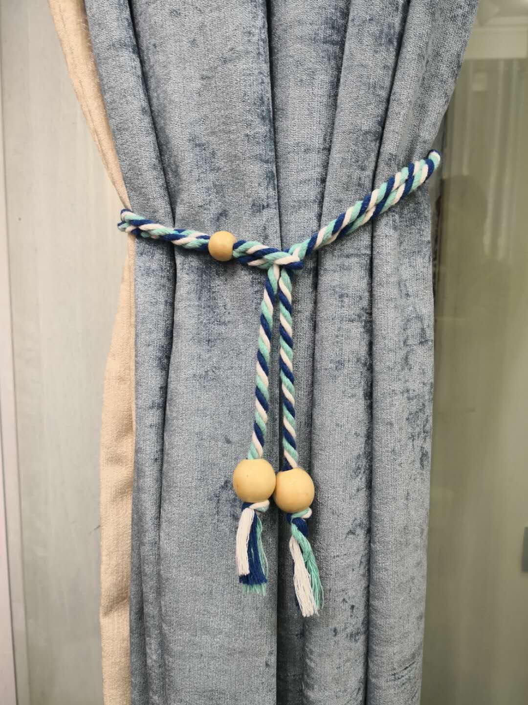 窗帘绳子绑带 圆彩色全棉三股棉绳麻花拧绳 小木珠窗帘绑带绑绳-阿里