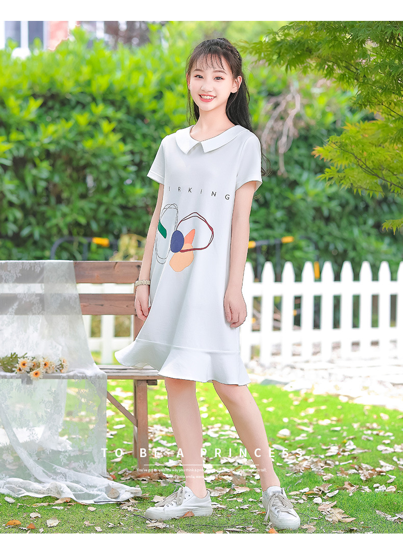 朴素少女中学生印花娃娃领短袖套头连衣裙 10092106
