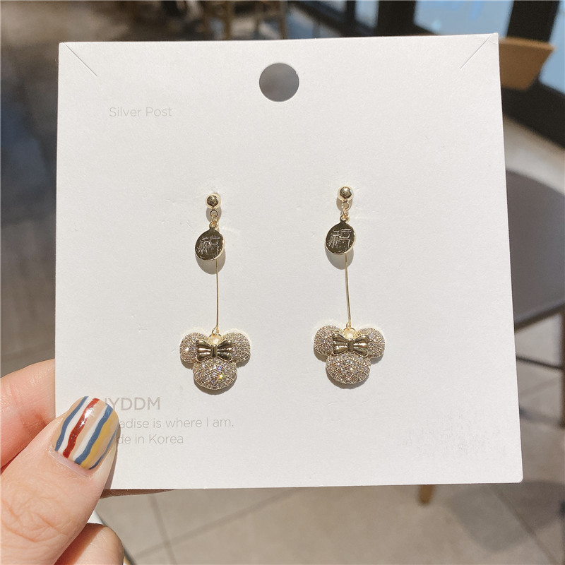 Korean Style Versatile Personality Bear Earrings Cartoon Bow Inlaid Zircon Earrings Fashion Dongdaemun Graceful Earrings