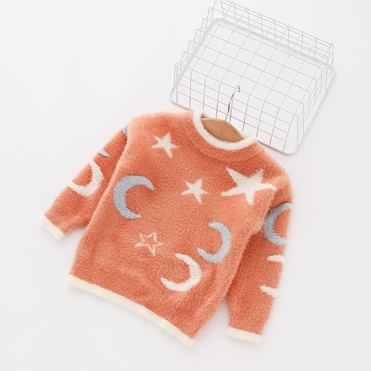 2019儿童毛毛毛衣百搭星星月亮圆领套头毛衣女童中小童百搭