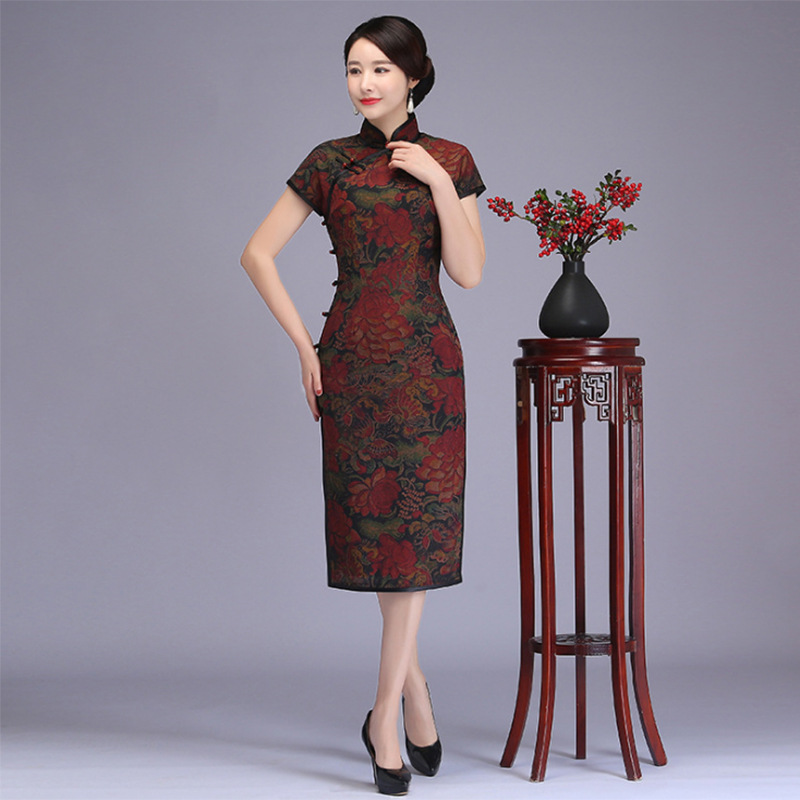 2021新款春款真丝旗袍 复古改良香云纱大牡丹旗袍桑蚕丝气质典雅