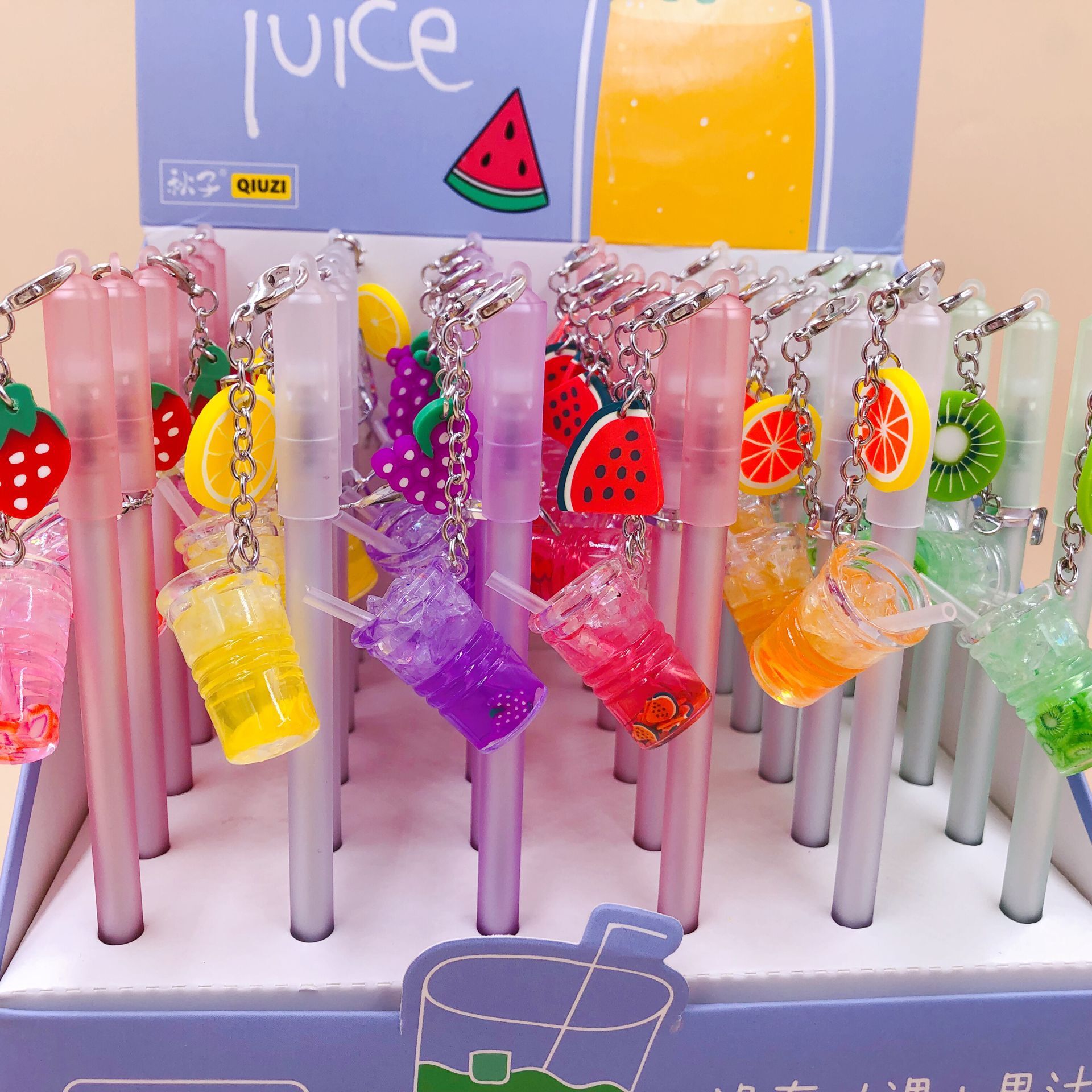 韩版卡通硅胶中性笔 秋子水果派果汁吊坠中性笔 36支一盒