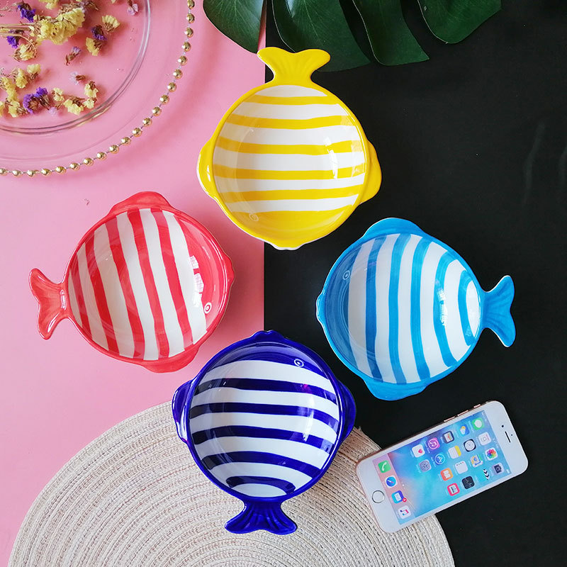 Wholesale Net Red Ceramic Tableware Baby Children's Rice Bowl Dessert Bowl Creative Fish Shape Plate Household Large Fish Plate