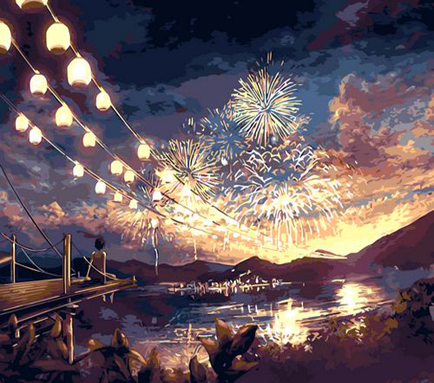 数字油画diy 纯手绘油画客厅风景油画无框装饰画40*50烟火季节