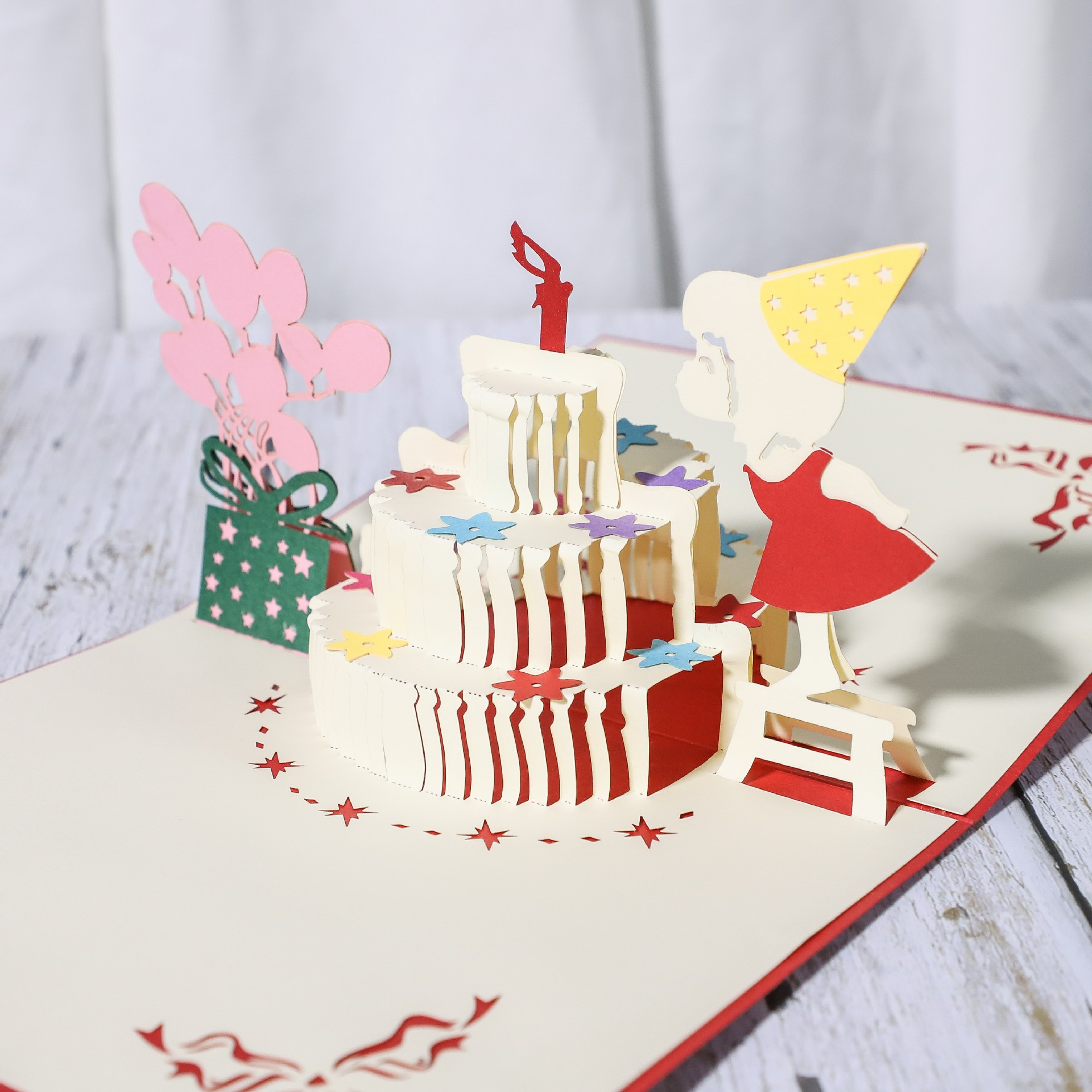 生日蛋糕贺卡可爱女孩创意3d立体贺卡 绚丽手工纸雕立体卡片 批发