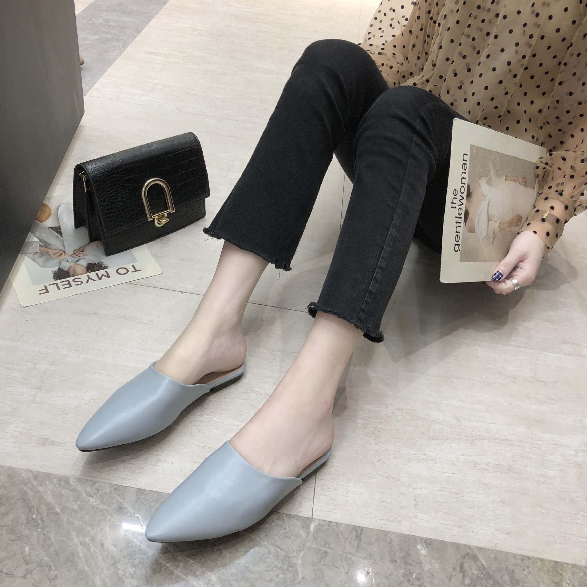 低跟女鞋_包头半拖鞋韩版2019新款尖头百搭时尚穆勒低