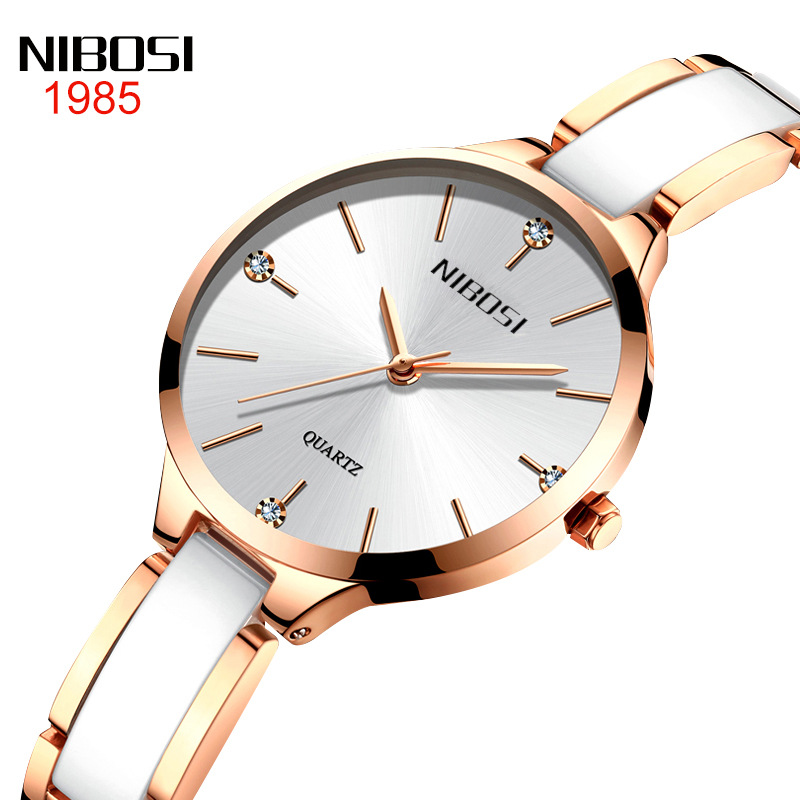 NIBOSI新款欧美简约时尚女士手表 跨境水钻陶瓷防水石英女表