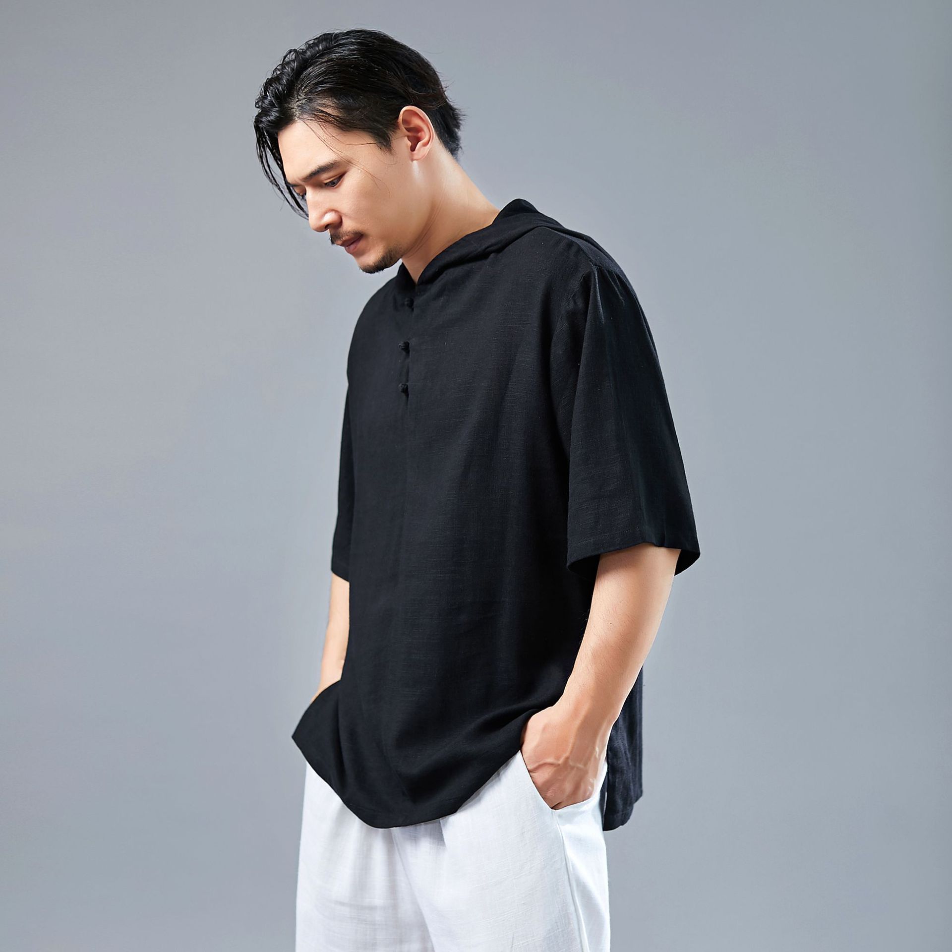 夏季新品三扣带帽短袖复古文艺风t恤套头休闲宽松款纯色v领短袖