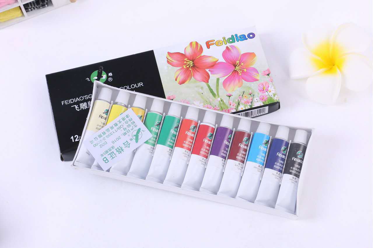 飞雕水粉颜料5ml盒装12色颜料绘画写生儿童美术颜料批发