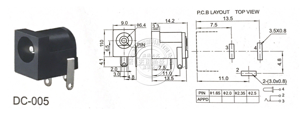 dc电源母座插座 dc-005半铜 针芯2.1mm 三脚插件dc插座2.0圆针