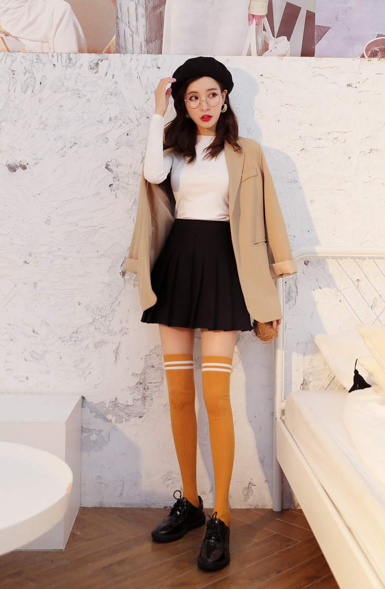 秋冬女士麻花过膝袜日系袜子棉双针长筒袜纯色高筒袜针织学生袜