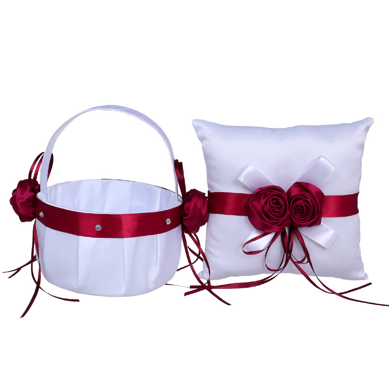 西式缎带酒红色玫瑰花装饰花篮婚庆小花篮花童撒花手提花篮批发