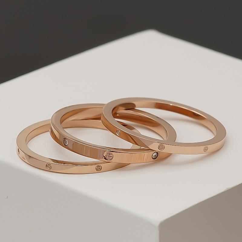 Simple Ins Titanium Steel Open-End Ring Female Rose Gold Zircon Stainless Steel Couple Ring Does Not Fade Niche Accessories