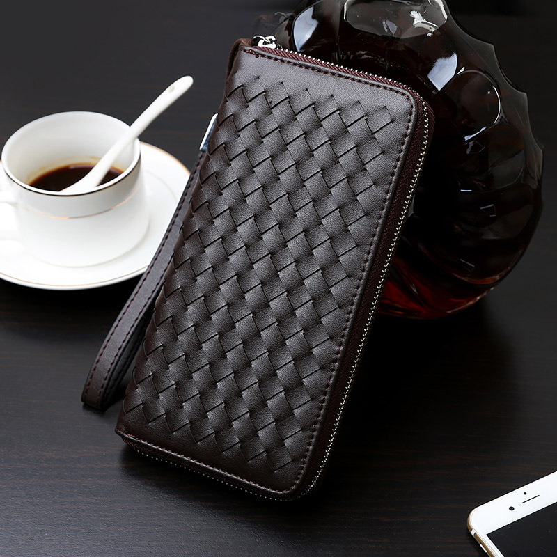 New Wallet Men's Long Type Soft Leather Woven Zipper Handbag Men's Business Casual Cowhide Men's Card Holder Handbag
