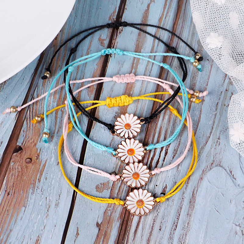 亚马逊热销雏菊手链手工制作防水蜡线太阳花手链编织手绳海滩饰品