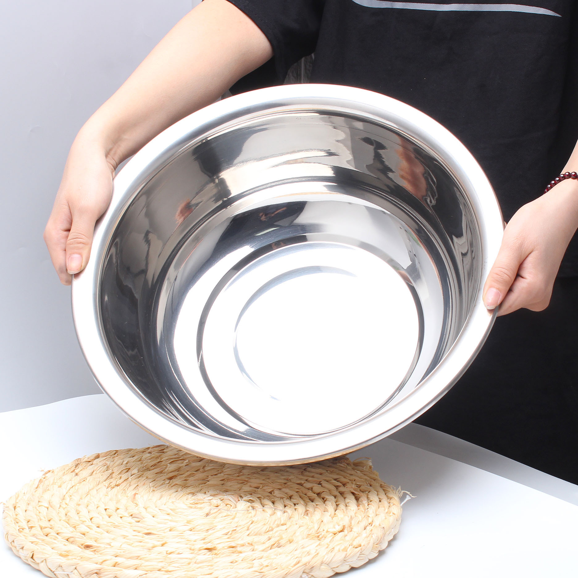 不锈钢汤盆 家用面盆加厚深圆形反边斗盆多规格食堂菜盆子