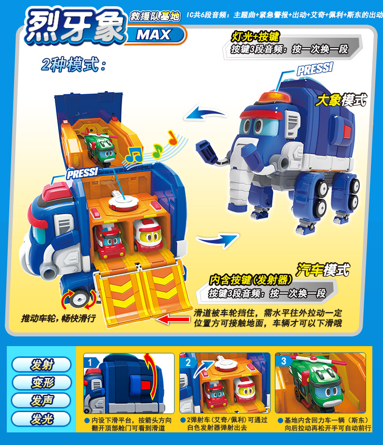 灵动帮帮龙探险队出动声光变形烈牙象救援基地套装艾奇斯东佩利