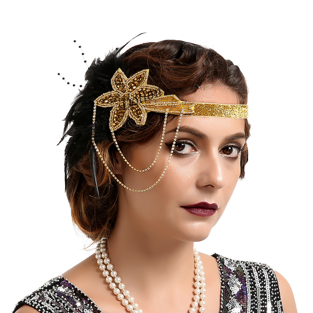 欧美印第安枫叶发饰嬉皮黑色钻镶钻羽毛头带舞会礼服套装配饰品