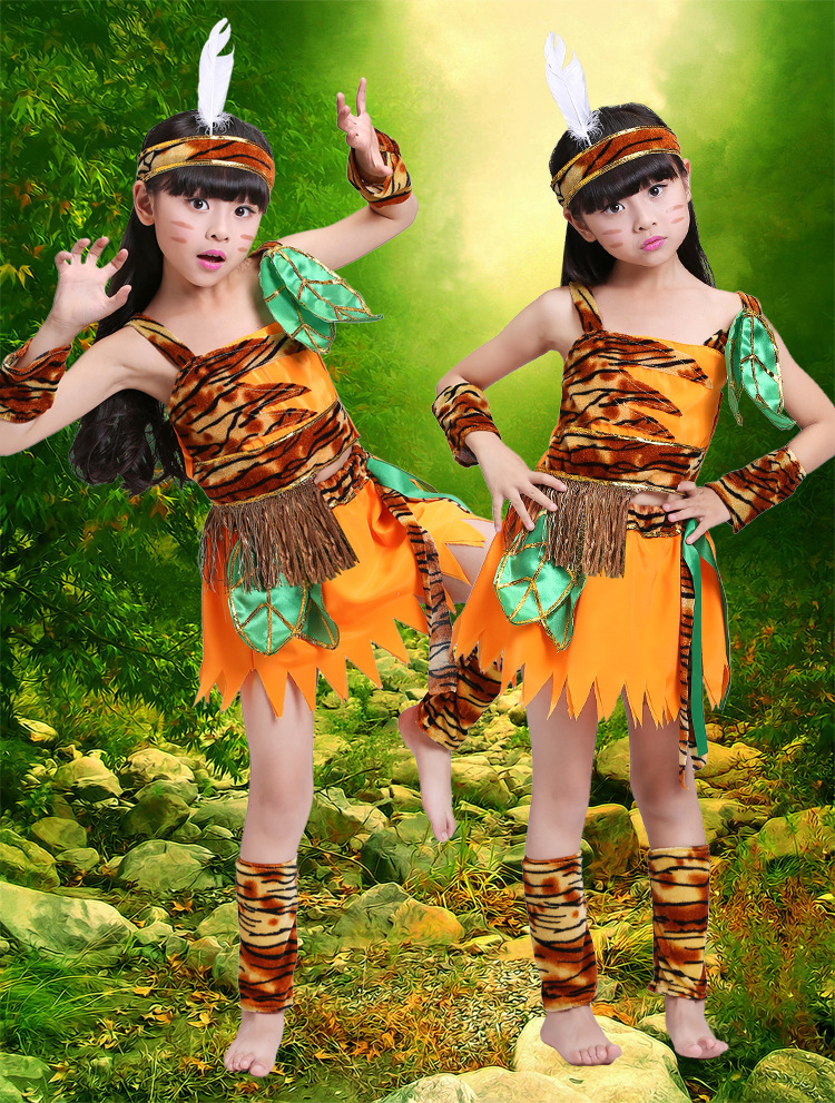 万圣节儿童服装舞蹈演出服印第安非洲鼓野人猎人舞台表演服