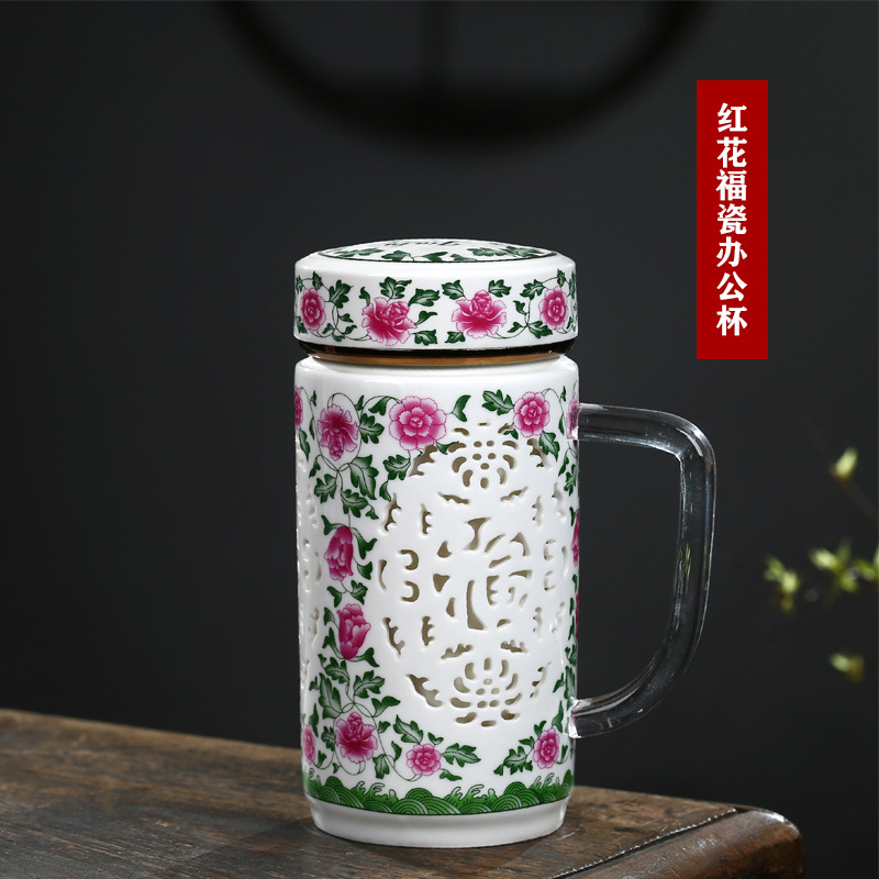 Jingdezhen Ceramic Thermos Cup Household Health Care with Handle Hollow Tea Cup Double-Layer Liner Office Cup Vehicle-Borne Cup