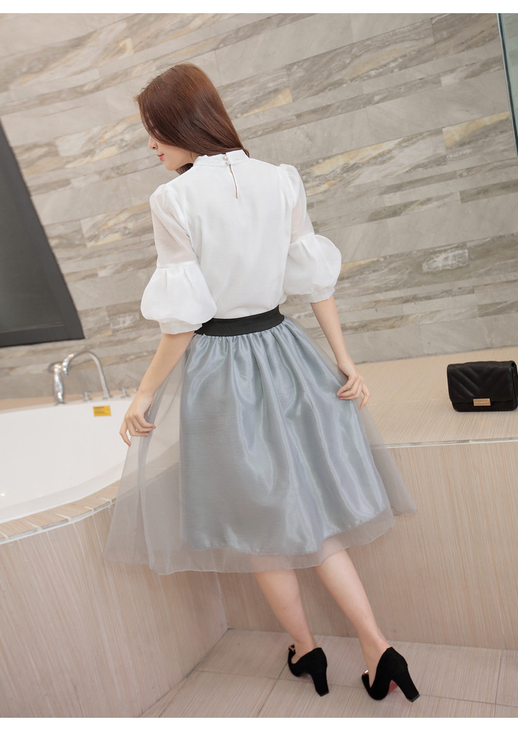 欧根纱蝴蝶结蓬蓬裙半身裙中长款半身百褶长裙