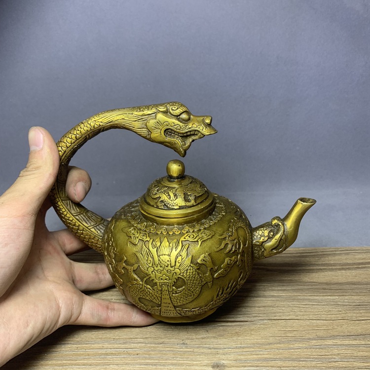 茶壶仿古纯铜龙头壶功夫茶具收藏品古玩杂项招财双龙吸财茶壶摆件