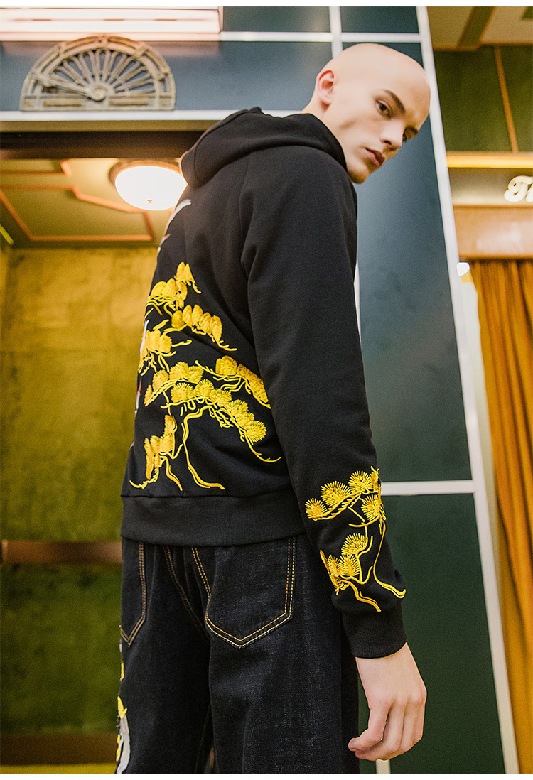 秋冬国潮中国风大码宽松潮牌仙鹤刺绣男加绒套头连帽卫衣男士外套