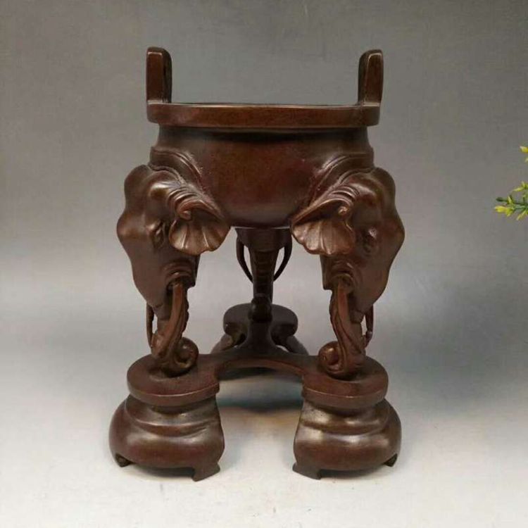紫铜三足香炉家居摆件纯铜低象腿长牙三象腿炉熏炉摆饰铜器批发