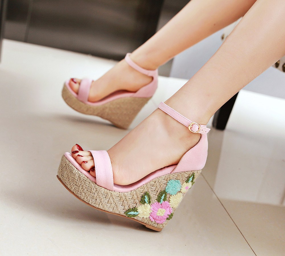 韩版凉鞋夏季女鞋防水台超高跟鞋草编坡跟鞋少女厚底鞋学生凉鞋女