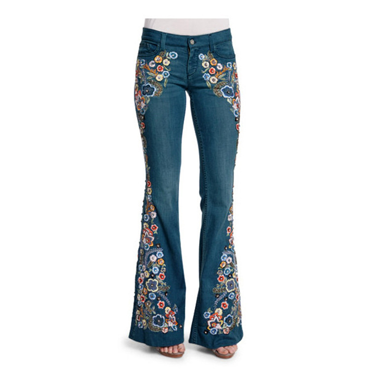 Cross-Border European and American Style Women's Jeans Embroidered Slim Fit Slimming Washed Bell-Bottom Pants Jeans for Women