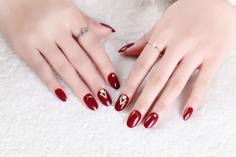 红色假指甲贴片 美甲成品 拍照镶钻 新娘美甲 背胶款假指甲24片装