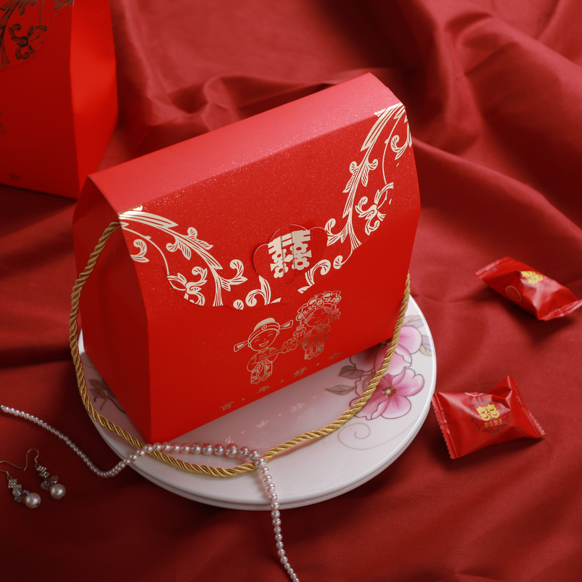 结婚回礼袋 创意喜糖袋 婚庆红色礼品袋伴手礼袋 喜糖盒手提袋